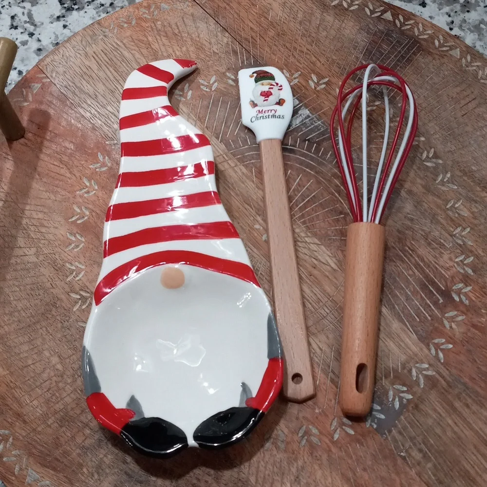 CWC 3-pc. Holiday Baking Tools Set In Red / White Spoon Rest| Spatula | Wihisk